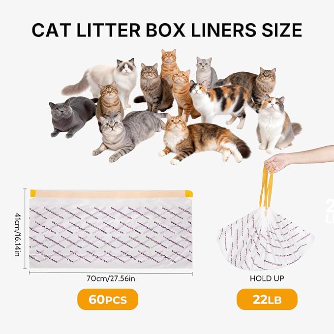 60 Count Automatic Cat Litter Box Bags Compatible with Autoscooper 11, 27.56"x16.14" Thick Replacement Liners for Self-Cleaning Cat Litter Box, Heavy Duty Disposable Waste Bags (3 Rolls, 20 Each)