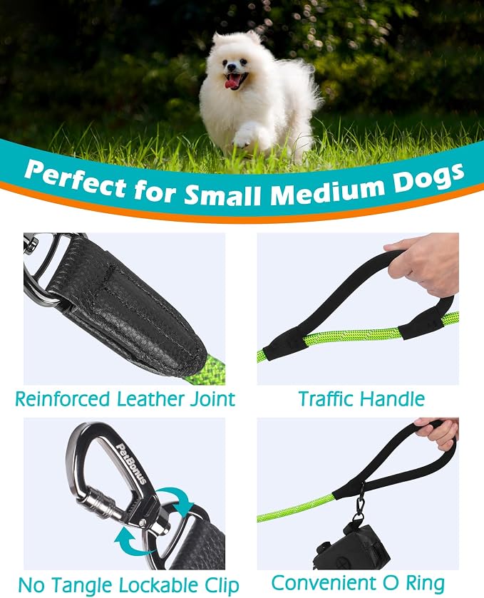 PetBonus Double Handle Rope Dog Leash and 2-Pack Large Silicone Collapsible Dog Bowls