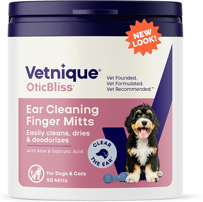 Vetnique Oticbliss Dog Ear Wipes, Cat & Dog Finger Mitt Ear Cleaner, Cleaning & Deodorizing Wipes for Dogs, Cats & Puppies, Remove Ear Wax, Dirt & Odor, Aloe for Itchy Ears (Fingermitt Wipes)