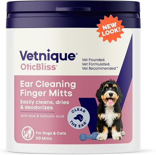 Vetnique Oticbliss Dog Ear Wipes, Cat & Dog Finger Mitt Ear Cleaner, Cleaning & Deodorizing Wipes for Dogs, Cats & Puppies, Remove Ear Wax, Dirt & Odor, Aloe for Itchy Ears (Fingermitt Wipes)