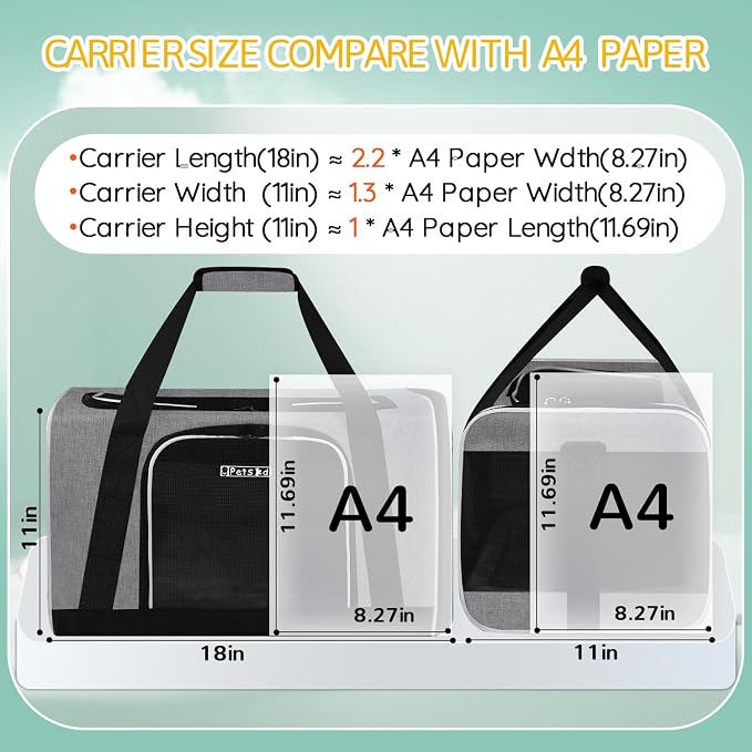 Petskd Pet Carrier 18x11x11 Delta American United Airline Approved, Pet Travel Carrier Bag for Small Cats and Dogs, Cat Soft Sided Carrier with Safety Lock Zippers, 5-Sided Breathable Mesh(Grey)