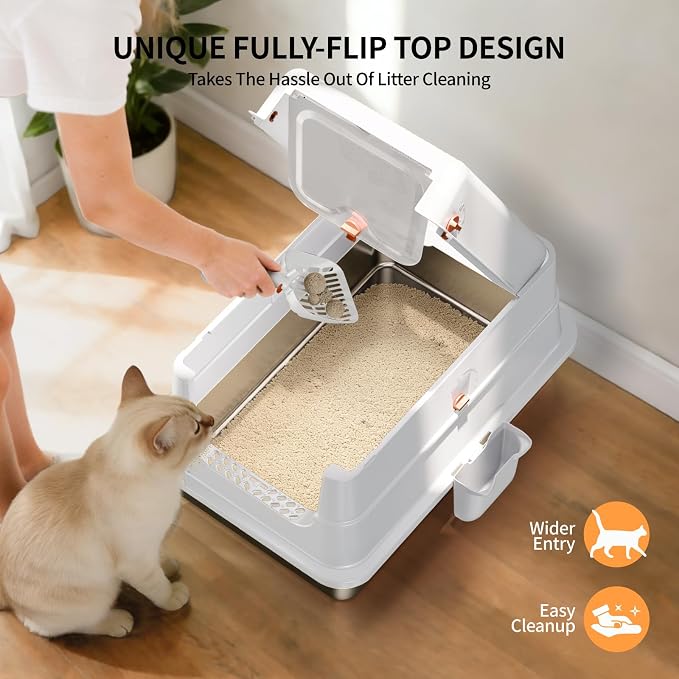 Stainless Steel Cat Litter Box with Lid, Extra Large Enclosed Metal Litter Pan with High Sides, Full Flip Cover Litter Box for Large Cat, Include Scoop & Step, Leak Proof Easy Clean Odor Control,White