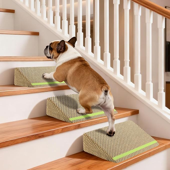 JoyBlooms Upgraded Dog Ramp for Stairs for Small & Senior Dogs Cats, 40D Density Foam Gentle 30° Slope Non-Slip Dog Stair Ramp with Glow Strip, Pet Ramp with Removable Washable Cover, Brown-3pcs