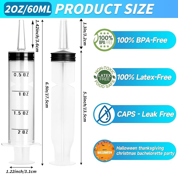 50 Pack 2 OZ Syringes with Catheter Tip and Cap Plastic Large Syringes for Liquids, Jello shot Party, Medicine Student, Oral, Scientific Labs, Measuring, Dispensing, Home Care