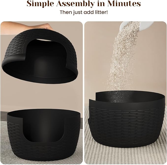 FansaFurn Hidden Litter Box with Faux Plant, Large Cat Litter Box with Rattan Pattern, Heavy Duty PP Material Litter Box Enclosure Furniture for Home Decor, Black