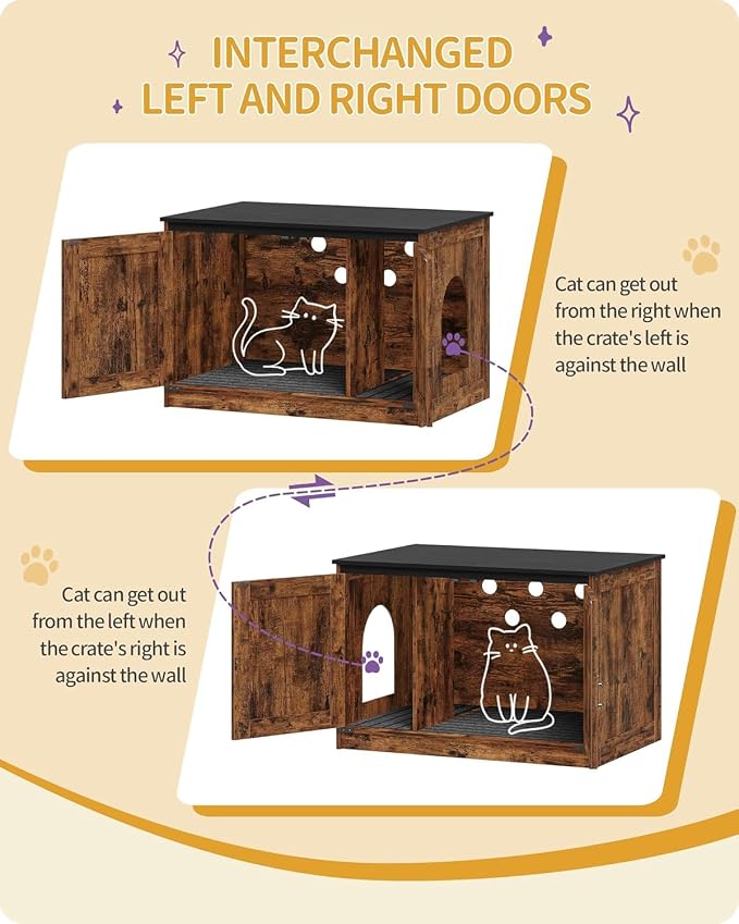 Hzuaneri Cat Litter Box Enclosure with Cushion, Hidden Litter Box Furniture with Removable Dividers, Reversible Entrance Left or Right Side, Cat House, Rustic Brown and Black CB84601X
