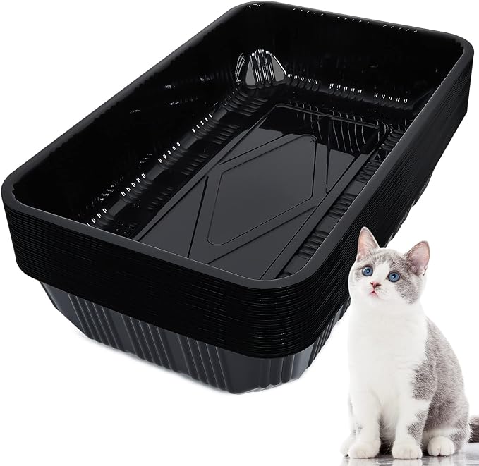 Tessco for you 30 Pack Disposable Cat Litter Boxes, Plastic Leakproof Litter Trays for Cats, Disposable Travel or Temporary Litters Pan for Kittens and Small Pets, 16.7 x 10.5 x 3.4 Inch(Black)