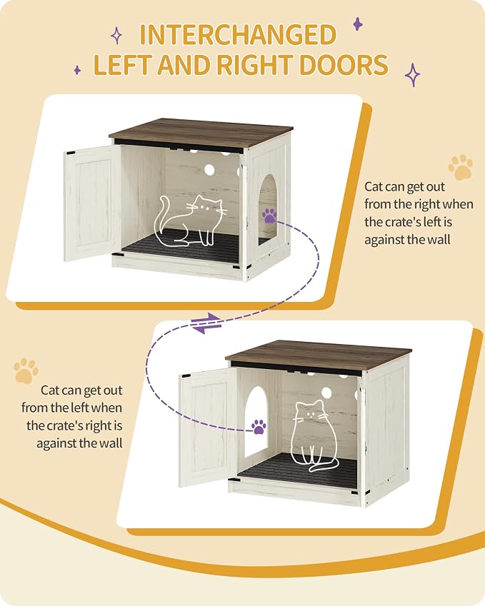 Hzuaneri Cat Litter Box Enclosure, Hidden Litter Box Furniture with Removable Dividers, Reversible Entrance Left or Right Side, Cat House, Rustic White and Brown CB84514X