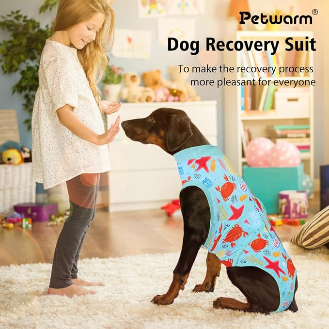 PetWarm Recovery Suit for Dogs, Surgical Suit for Dogs Female Spay Male Neutered, Dog Onesie for Surgery, Anti-Licking Dog Surgery Recovery Suit, Marine Animal Patterns, Green, L