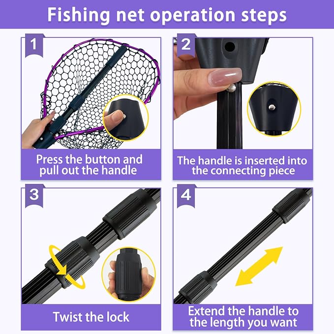 Telescoping Metal Lock Fishing Net with Handle Red Green 64" 52" Rubber Fish Net - Adjustable Length Lightweight Foldable Large Big Collapsible Extendable Fishing Net