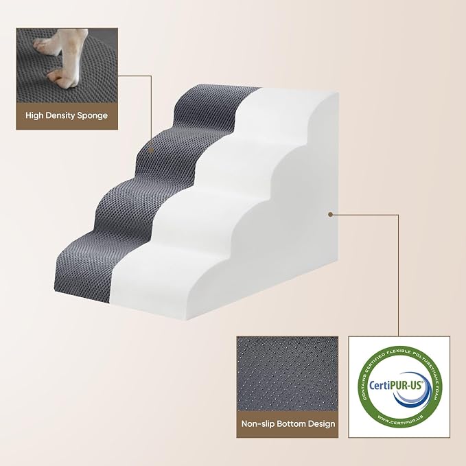 PAWSCRAT Dog Stairs for Small Pets, 11.8" H with 30D Material Soft Foam, Portable Ramp Non-Slip Surface Non-Slip for Couch and High Bed Climbing, 2-Step Stairs for Cat or Dog, Grey