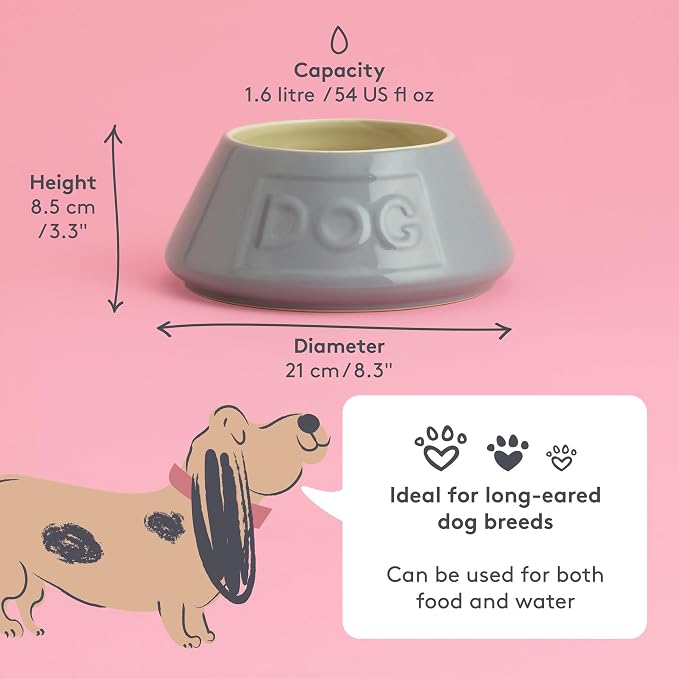 Mason Cash: Non-Tip Dog Bowl - Grey - 8.3", 54oz - Durable Ceramic Food & Water Angled Dish, Microwave-Dishwasher Safe, Pet Meal Feeding & Hydration