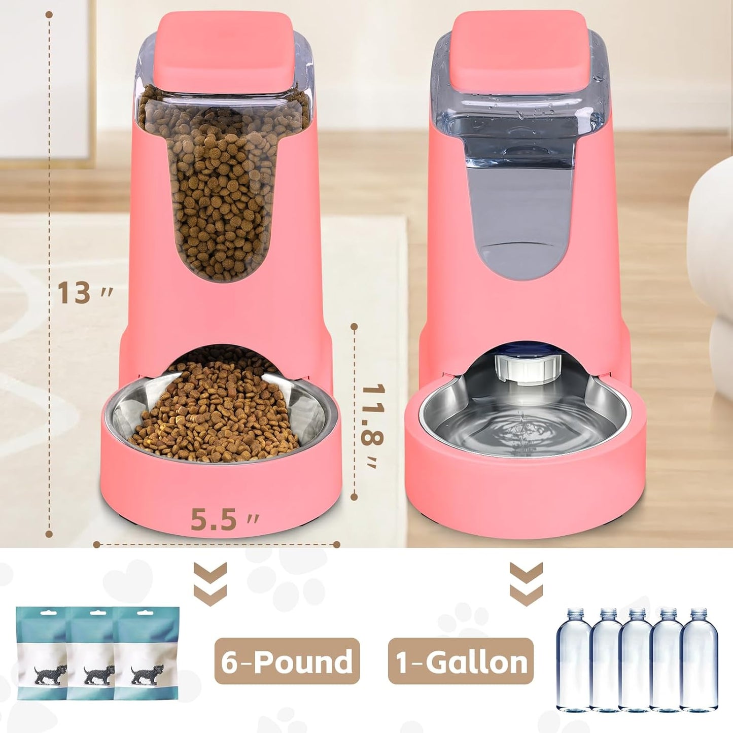 Automatic Cat Feeder and Water Dispenser with Stainless Steel Bowl Dog Gravity Food Feeder and Waterer for Small Medium Pets Puppy Kitten 1 Gallon x 2