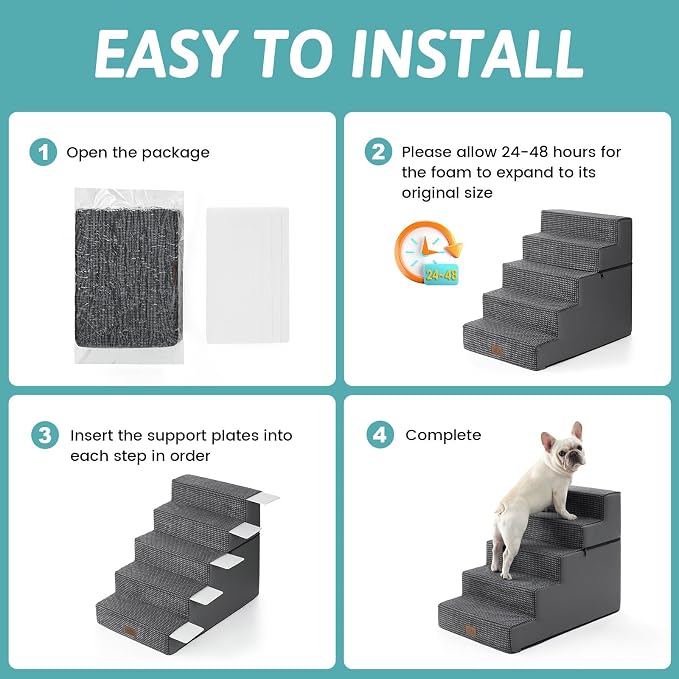 COZY KISS Dog Stairs for Small Dogs, 5 Tier Removable Wider Pet Stairs for Couch and Bed, 23.6" H Non-Slip Dog Steps for Puppies and Old Cats with Support Board, 19.7x29.5x23.6 inch, Dark Grey