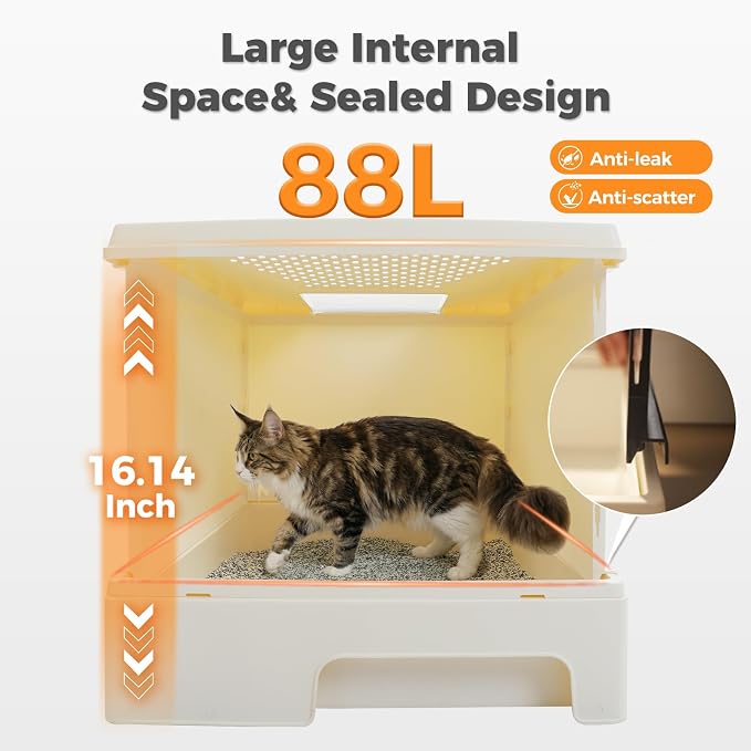 PEQULTI Large Cat Litter Box with Lid, 88L High Capacity Covered Kitty Litter Box, Anti-Leaking Raised Edge Guard, Pull-Out Drawer Design & Foldable Large Scoop, Front & Top Entry for Big Cats, Grey