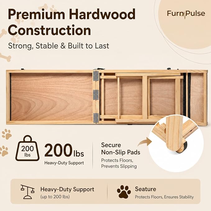 Extra Large Dog Ramp 63‘’L for High Bed, Couch & SUV – 200 Lb Heavy Duty Solid Wood Pet Ramp, 6 Adjustable Height – Portable Stable Non-Slip Steps for Medium to XL Dogs
