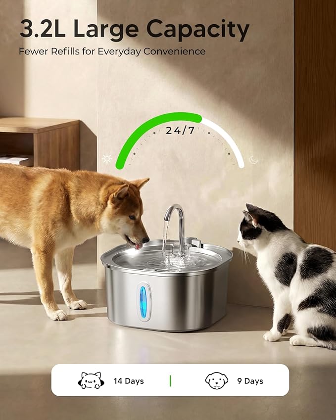 PEKTACO Stainless Steel Cat Water Fountain, 3.2L/108oz Cat Water Dispenser with Quiet Water Pump, Dishwasher Safe Pet Drinking Fountain for Cats