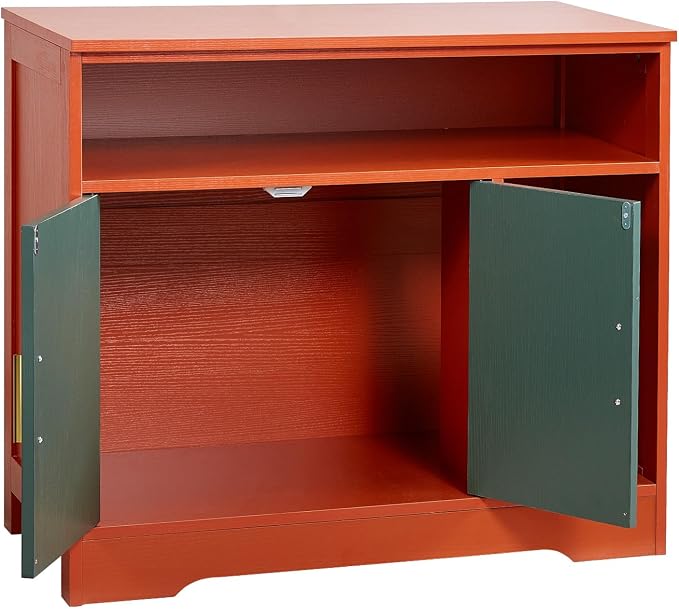 VEVOR Cat Litter Box Enclosure, 31 in Hidden Litter Box Cabinet with Shelf & Storage, Modern Style Indoor Cat Washroom, Wooden Kitty House Furniture End Table, Fit Most Litterboxes, Red & Green