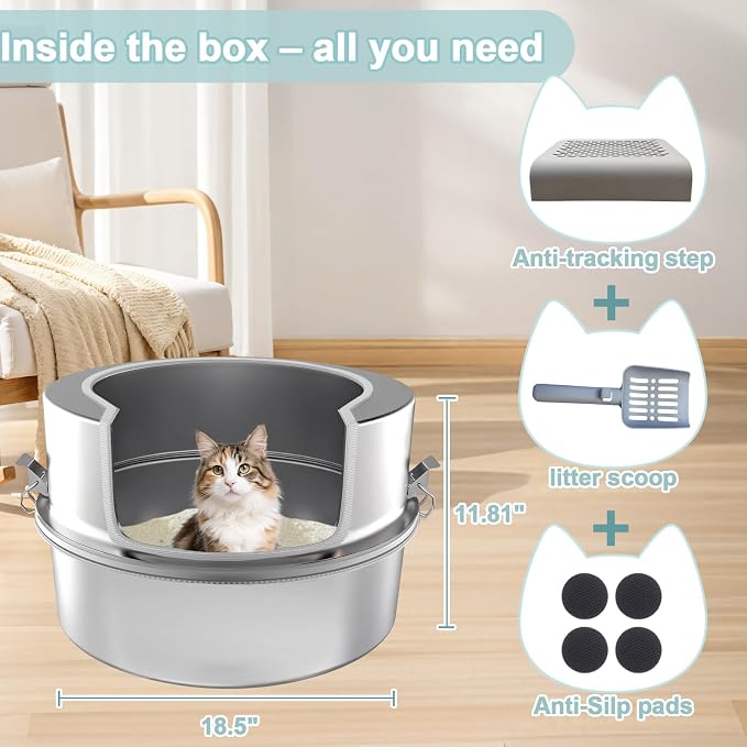 High Sided Low Entry Stainless Steel Round Cat Litter Box, Large Corner Litter Box for Big/Multi Cats,Metal Litter Box Includes Scoop & Filter Pedal,Odor Control，Easy to Clean