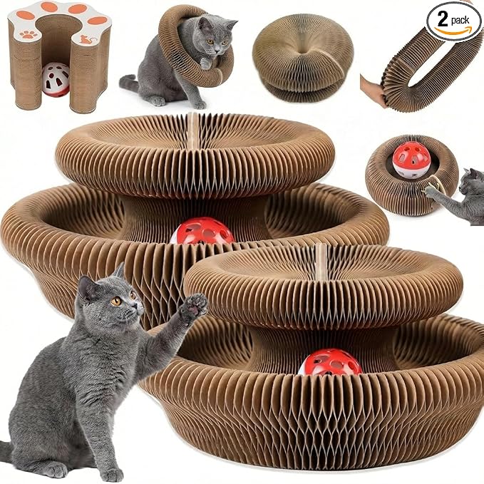 Kitlty Kurliz Cat Toy,Magic Organ Cat Scratcher Board,Foldable Recyclable Cat Accordion Toy,Interactive Scratch Pad with Toy Ball,Interactive Cat Toys for Indoor Cats Exercise & Anxiety Relief (2 PC)