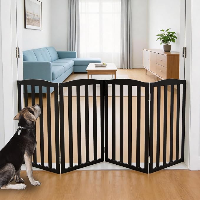 Freestanding Dog Gate Indoor,Doggie Gate Foldable Pet Gates for Doorways,Stairs or Hallways, Wooden Black Pet Gate for the House, Pet Fence,32 "Height-4 Panels