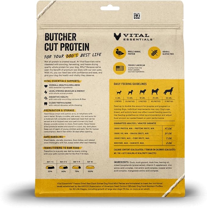 Vital Essentials Freeze Dried Dog Food, Raw Duck Mini Patties | Complete Meal or Topper | High Protein, Grain Free Dry Dog Food | 14 oz Bag