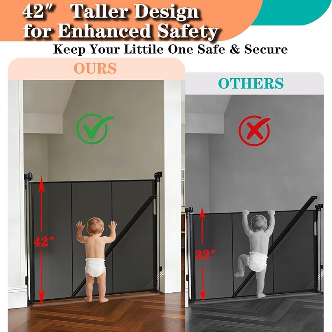 80" Wide Retractable Baby Gate for Stairs, 42" Extra Tall Retractable Dog Pet Gate with Support Rods, Mesh Screen Child Safety Gate for Doorways Hallways Deck Porch, Outdoor Indoor Use
