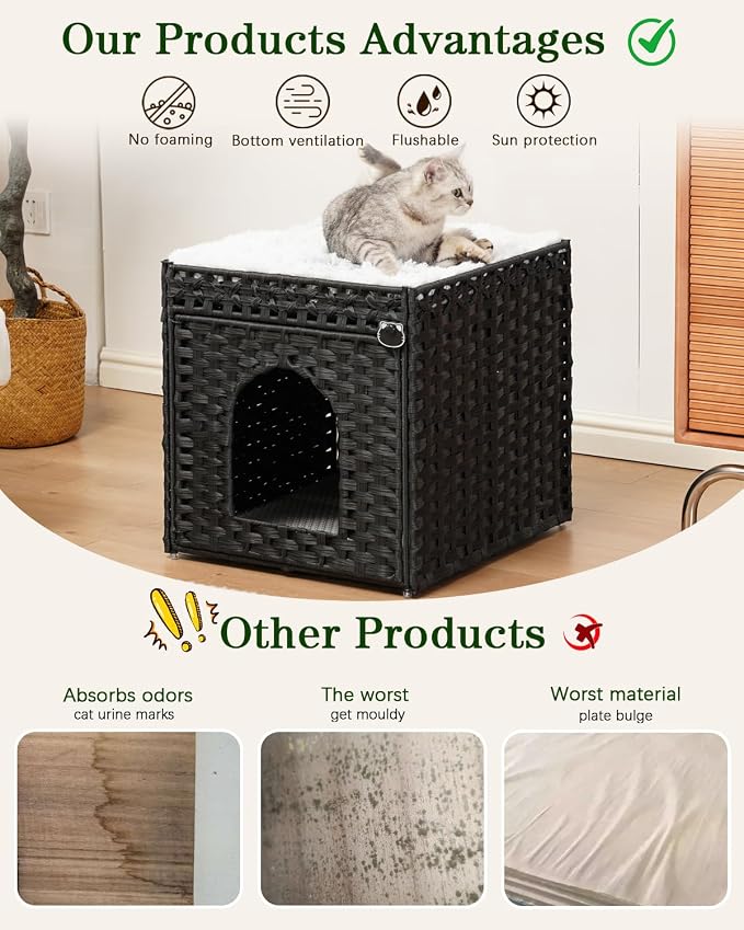 SETVSON Cat Litter Box Enclosure Furniture, Hidden Litter Box with Mat and Fence, Handwoven Rattan Cat House with Two S-Shaped Hooks for Living Room, Bedroom, 18.5 x 20.5 x 19.1 Inches (Black)