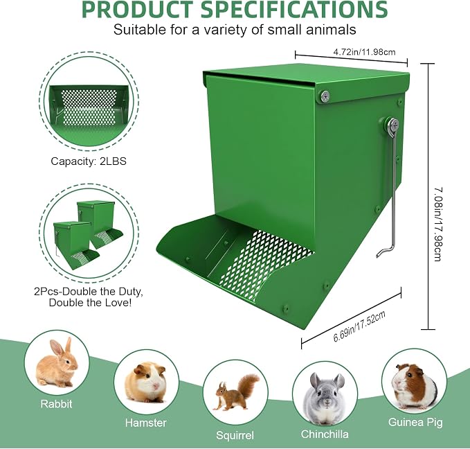 2 Packs Hay Feeder Rabbit, Metal Small Animal Feeder with Lid & Mesh Bottom, 4.7 Inch 2 LBS Capacity, Gravity Food Dispenser for Guinea Pigs Chinchillas, Cage or Outdoor Use, Green