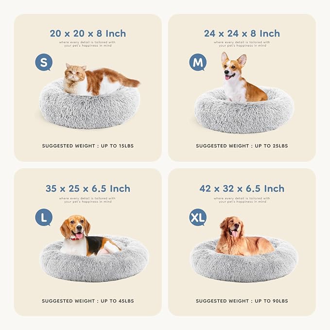 DUMOS Donut Dog Beds for Large Dogs, Machine Washable Cuddler Warming Cozy Fluffy Faux Fur Plush Round Pet Bed, Anti-Slip Bed for Indoor Dogs and Cats, 30.7x30.7 Inch, Grey