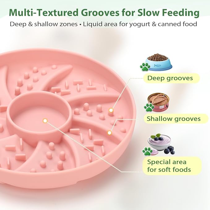 Silicone Dog & Cat Slow Feeder Bowl Lick Mat with Strong Suction Cups, Anti-Spill Design, Multi-Textured, Extend Mealtime, Reduce Anxiety, Dishwasher Safe, All Breeds & Ages (Pink)