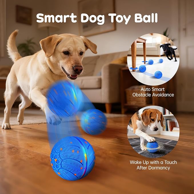 Smart Interactive Dog Toys, Colorful Led Lights, Blue | Upgraded Chew-Resistant E-TPU, Auto-Bounce & Rotating, Obstacle Avoidance, IPX7 Waterproof