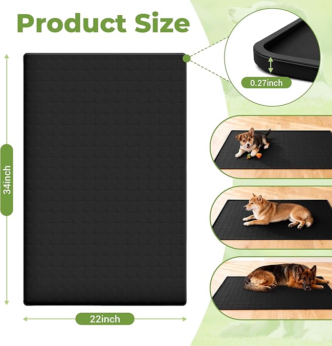 Extra Large 34x22 Inch Machine Washable Silicone Pet Food Mat - Waterproof Dog & Cat Bowl Mat with Raised Edge, Non-Slip Floor Protector for Large Dogs, Multi-Pet Homes (Black)