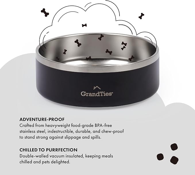 GrandTies Stainless Steel Engraved Pet Bowl | Reusable BPA-Free Insulated Pet Bowls | Large Heavy Duty Non Skid Spill Proof Dog Bowl | Outdoor Dog Water Bowl (24oz, Midnight Black)