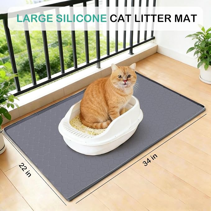 SORKUT Cat Litter Mat 34x22 Inch, Large Silicone Litter Box Mat for Floor Protection, Waterproof & Non-Slip, Soft for Cat Paws, Easy to Clean, Leak-Proof Edge, Gray