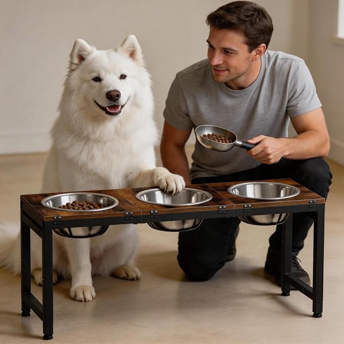 Elevated Dog Bowls Stand for Large Dogs - Triple Bowl Feeding Station, Adjustable Height 15-20.5in, Tilt Stainless Steel Bowls & Wood Tray, Large Dog Feeder 3500ML x3