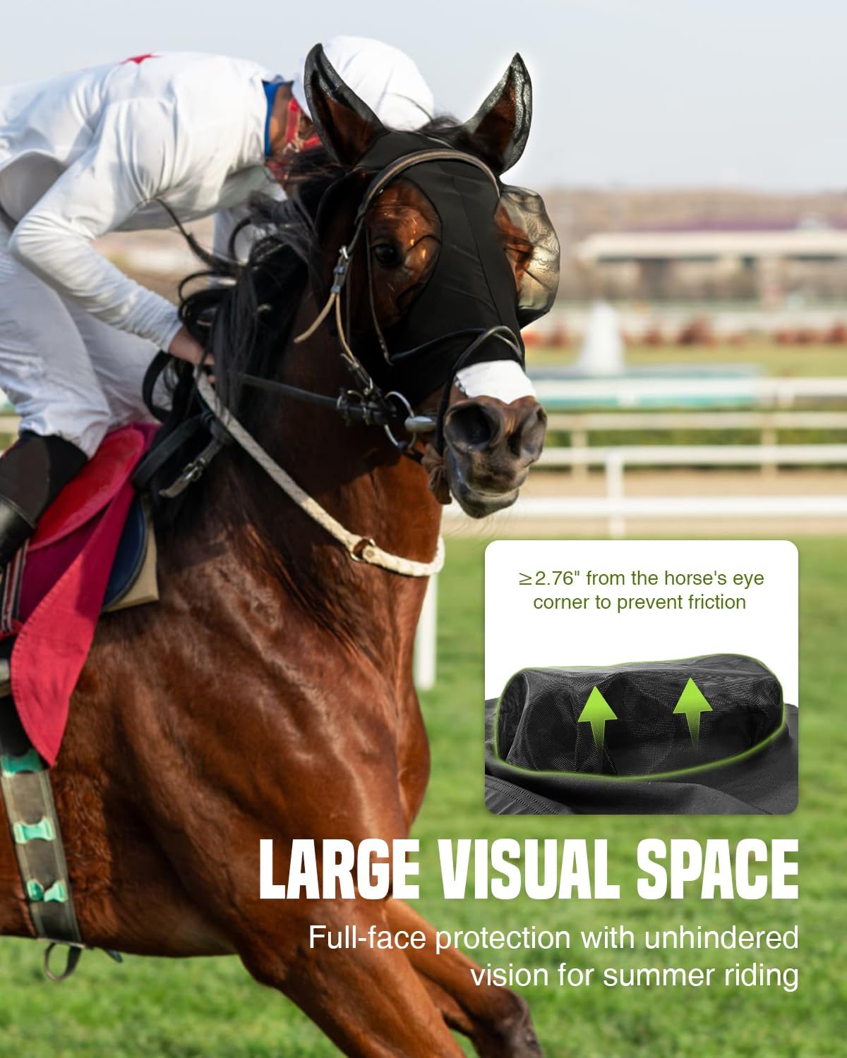 JWODVNTH Fly Masks for Horses with Ears - Large Eye Space, Comfort, UV-Block - Horse Fly Mask for Daily Stable, Hot Weather Riding, and Competition - X-Full, Black
