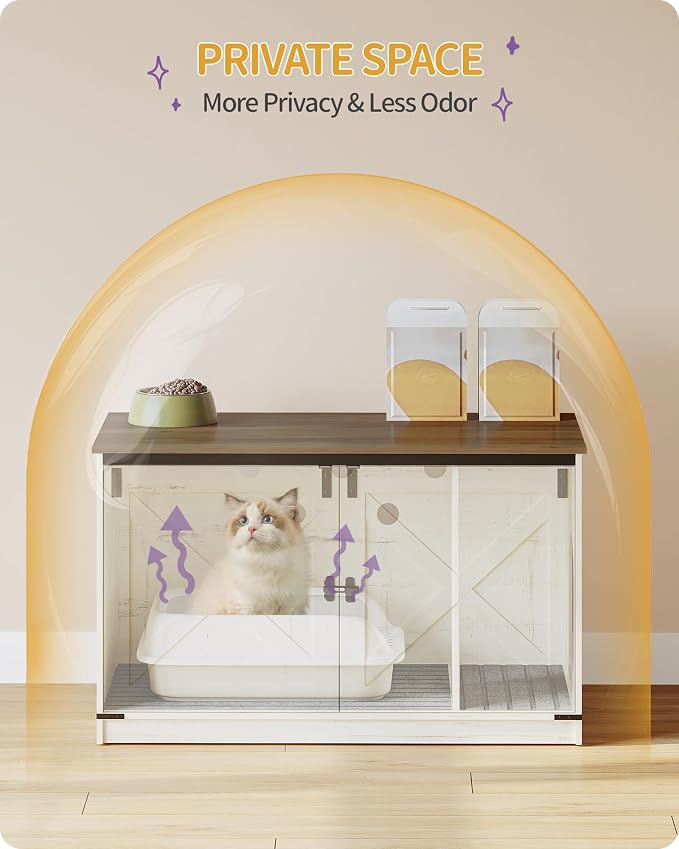 Hzuaneri Cat Litter Box Enclosure with Cushion, Hidden Litter Box Furniture with Removable Dividers, Reversible Entrance Left or Right Side,Cat House, Rustic White and Brown CB84714X