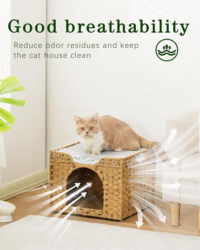 SETVSON Cat Beds Indoor Kitten House, Handwoven Rattan Cat Cave Pet Cube, Large Cat Houses, One Bed Mat, Foldable, Hideaway, 16.5x16.5x13.2 Inches, 2 S-Shaped Hooks in Living Room Bedroom Natural