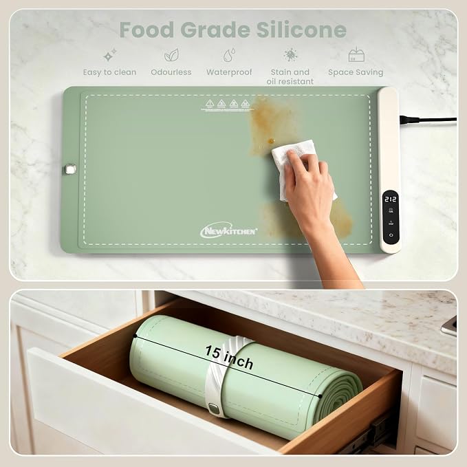 Warming Mat for Food, 24"x15" Food Warming Mat 6 Temperature & 6 Timer Settings Upgrade Graphene Fast Full Surface Heating-Versatile Food Warmer for Gatherings, Parties, Everyday Use-Slate Gray Green