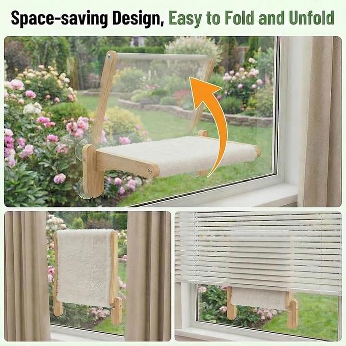 Cat Window Perch with Bird Feeder – Foldable Hammock, Strong Suction Cups for Indoor Cats (Nature-2)
