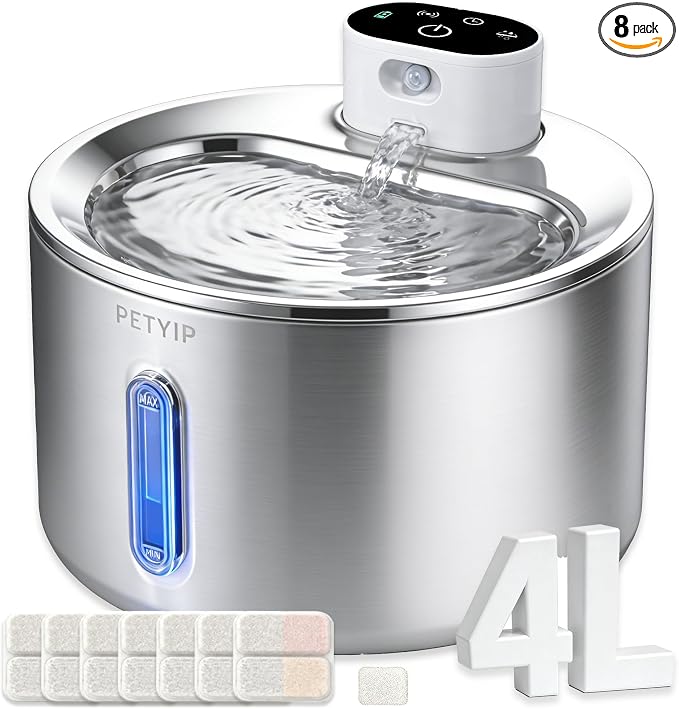 Cat Water Fountain Stainless Steel,135 Fl Oz/4L Wireless Automatic Cat Water Dispenser Large,5000mAh Battery Operated,for Cats & Dogs Indoor (Cat Fountain + 7 Set Filter)