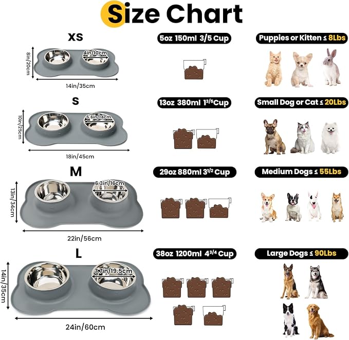 Conlun Dog Bowls with Non-Slip Silicone Mat, Spill Proof Large Food & Water Bowls Set, Easy Clean Dog Food Dish, Dishwasher Safe, Suitable for Dogs Cats Pet Under 90lbs, Large, Grey