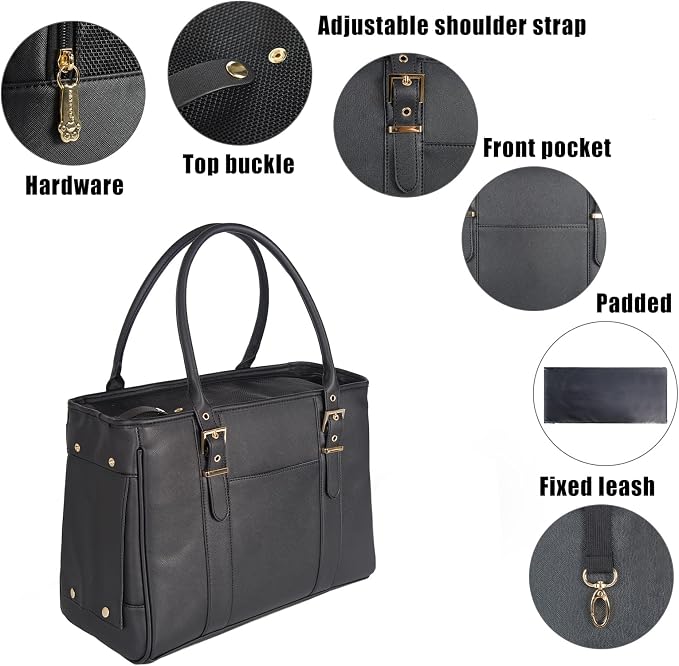 Fashion Pet Carrier Dog Purse Cat Bag Soft-Sided Carriers Travel Airline Approved, Stylish Leather Tote Handbag for Small Animal Puppy Kitten (Black)
