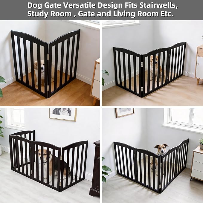 Freestanding Dog Gate Indoor,Doggie Gate Foldable Pet Gates for Doorways,Stairs or Hallways, Wooden Black Pet Gate for the House, Pet Fence,24 "Height-2 Panels