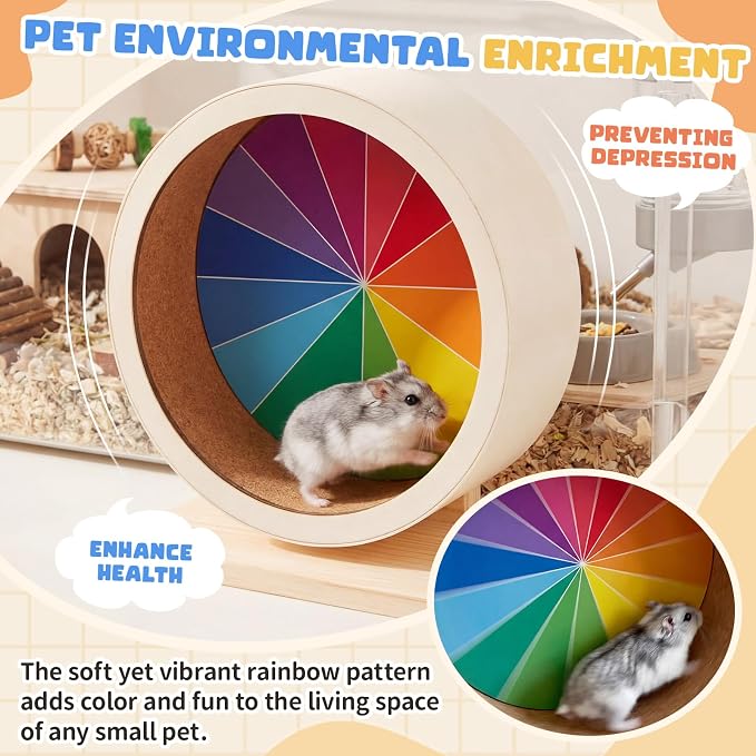 Geelin 7 Inch Hamster Wooden Silent Wheel, Rainbow Printed Small Animal Exercise Wheel, Quiet Spinner Hamster Running Wheels Prevent Depression Toys for Hamsters, Gerbils, Mice and Other Small Pets
