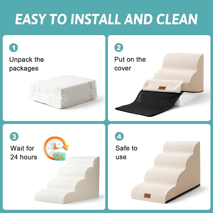 COZY KISS Wide Dog Stairs for Small Dog 15.7" H, Pet Step for Puppy, Older Cat, Curved Ramp for Couch, Durable Anti-Slip Ladder with High Density Foam, 3 Step, 17.7x22.4x15.7 inch, Beige