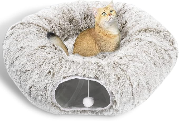AUOON Cat Tunnel Bed for Indoor Cats - Large Cat Donut Tunnel with Hanging Ball Toy, Collapsible 2-in-1 Multifunctional Interactive Cat Toy for Kitten, Puppy, Rabbit, Ferret (Khaki)