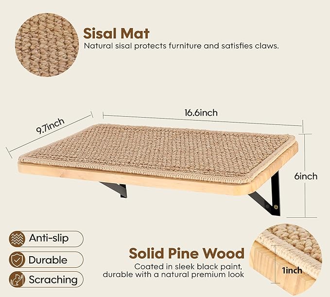 Cat Floating Wall Shelf with Scratching Mat, 1PC, 9.7X16.6 Inch | 1 Inch Thick Wood Board , Wall Mounted, Supports to 30 LBS, For Sleeping, Playing, Climbing