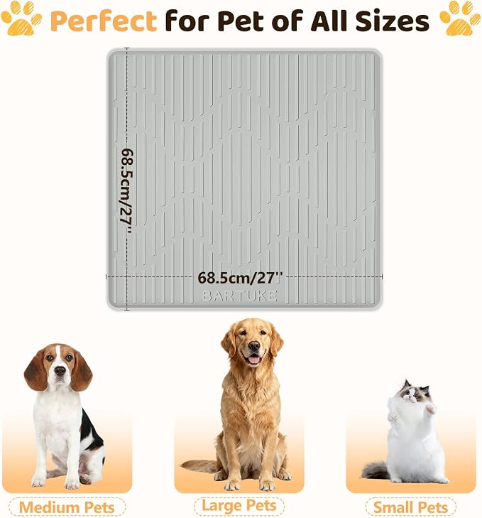 Silicone Cat & Dog Food Mat, 27" x 27" Large Pet Feeding Mat for Cats and Dogs Bowl, Pet Placemat for Food and Water with Raised Edge, Waterproof, Leakproof (Grey)